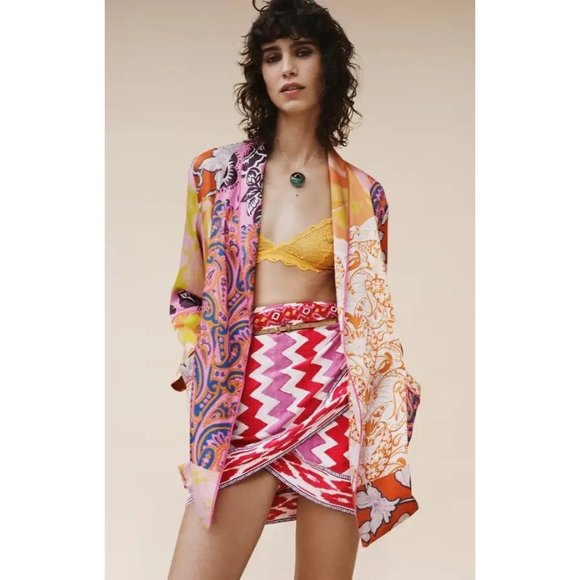 Zara color block belted kimono jacket with pockets silky polyester orange purple - Picture 2 of 10